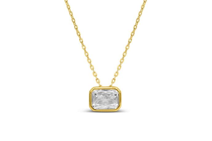 Bezel Baguette Diamond CZ Gold Necklace (April)