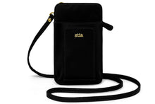 Black nylon crossbody bag with 'stia' branding on a white background